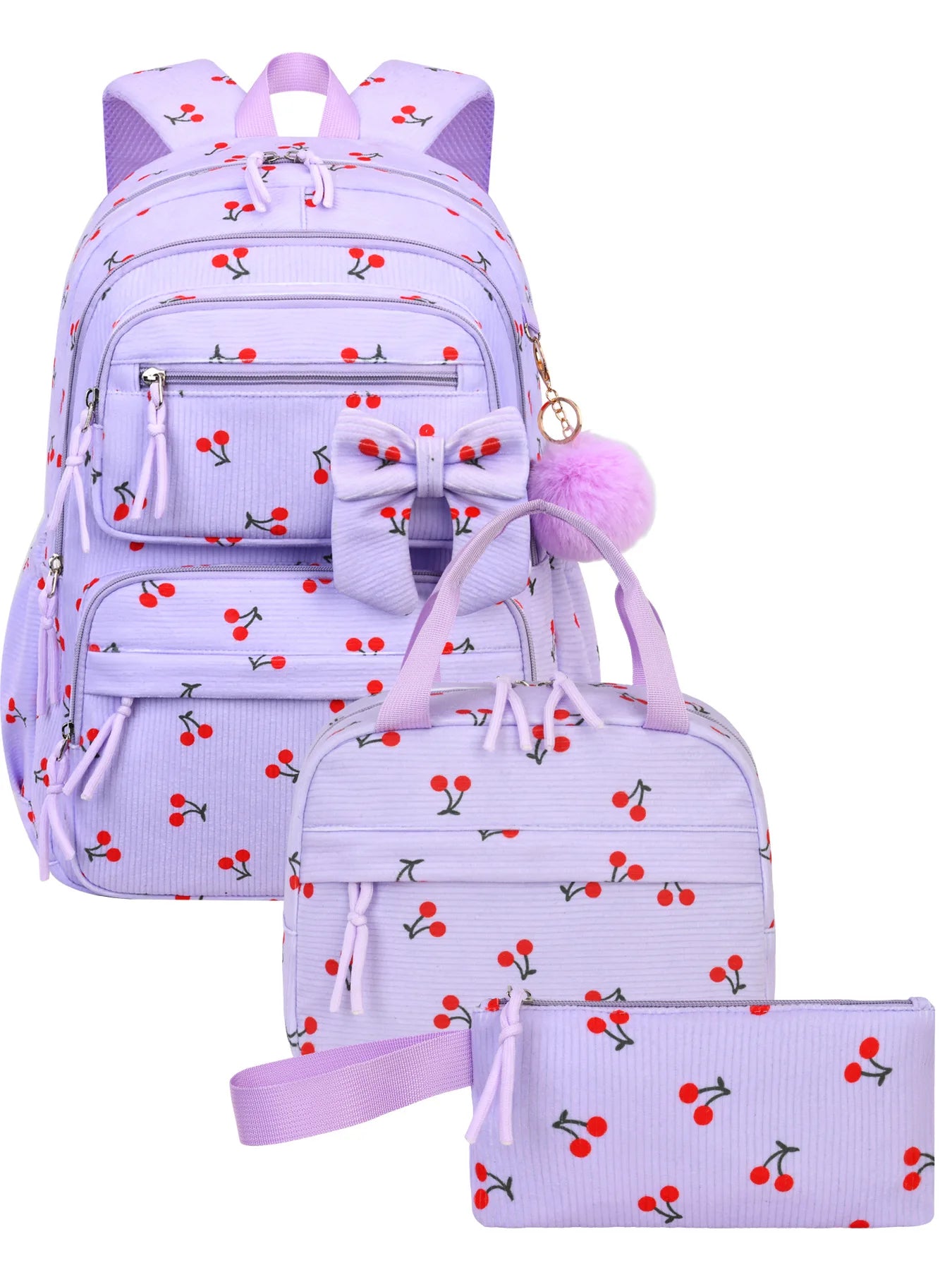 2026 High Quality Corduroy Three Piece Backpack with Cherry Pattern Princess Large Capacity Lightweight School Bag mochilas