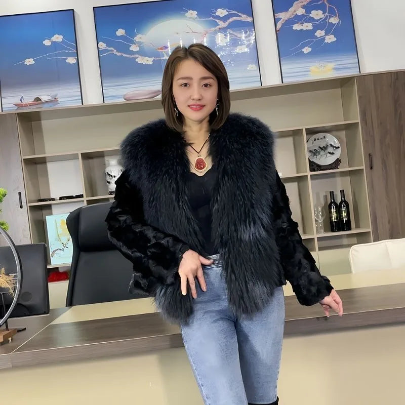 2025 Autumn Winter New Imported Real Mink Fur Coat Women Short Mink Coat High Quality Raccoon Fur Collar Genuine Fur Clothing