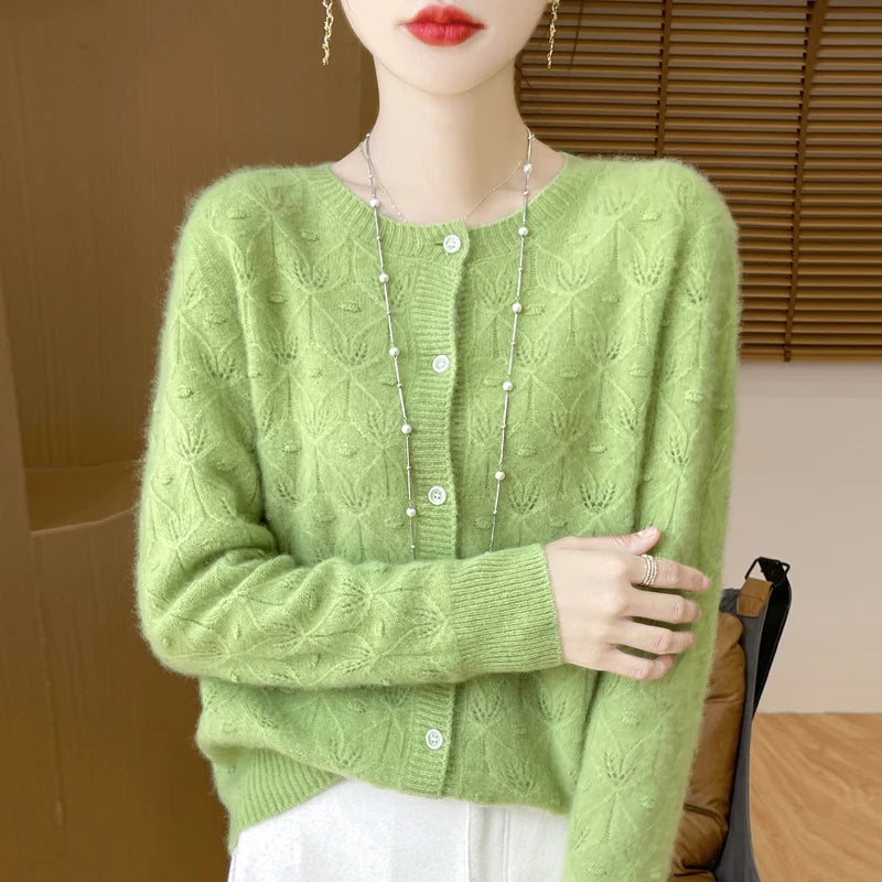 New Autumn Winter Soft Warm Cardigan Woman Cashmere Sweater O-neck Women 100% Merino Wool Sweater Loose Fit Hollow out Top Coat