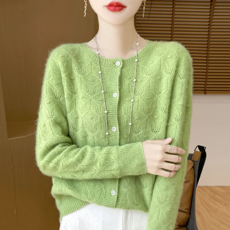 New Autumn Winter Soft Warm Cardigan Woman Cashmere Sweater O-neck Women 100% Merino Wool Sweater Loose Fit Hollow out Top Coat