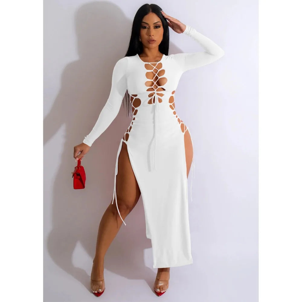 HLJ Sexy Solid Hollow Out Bandage Slit Bodycon Mid Dresses Women Round Neck Long Sleeve Slim Vestidos Fashion Party Club Clothes