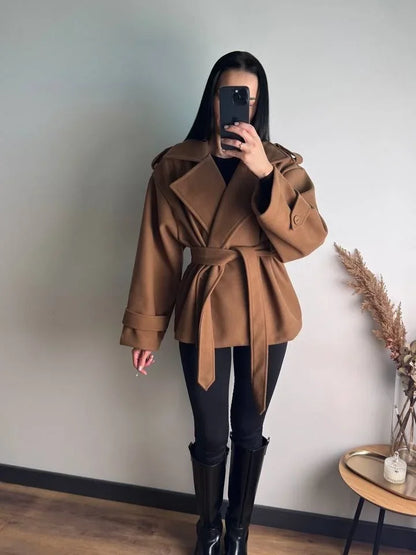 Women Short Wool Blend Trench Coat Lapel Collar Belted Waist Wrap Long Sleeve Loose Overcoat Casual Autumn Winter Lady Jackets
