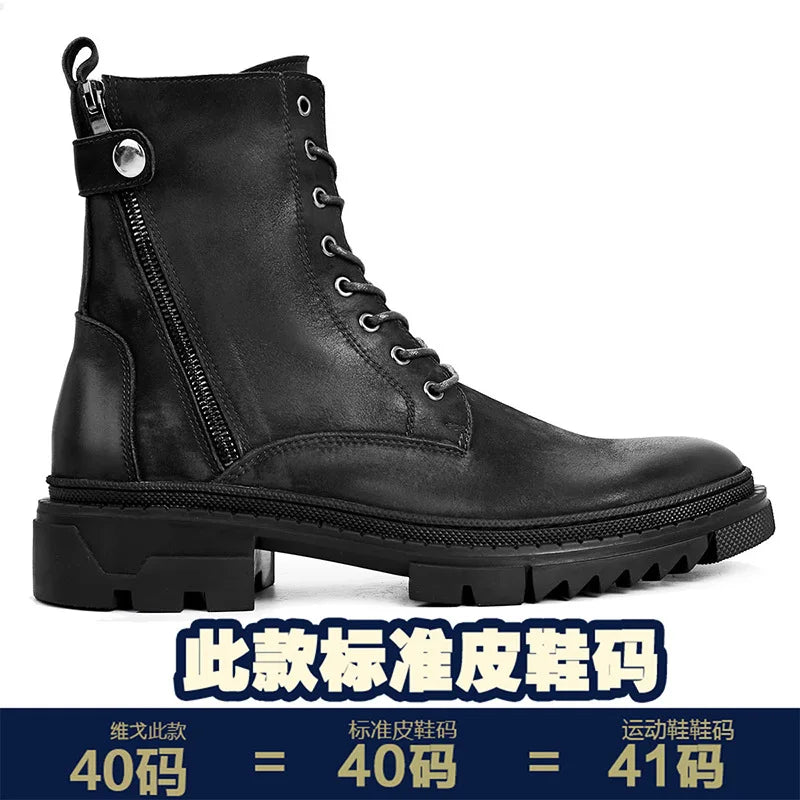 Round Head Casual Combat Boots Thick-soled High Boots Men's High Top Leather shoe Zipper Leather Boots motorcycle boots men