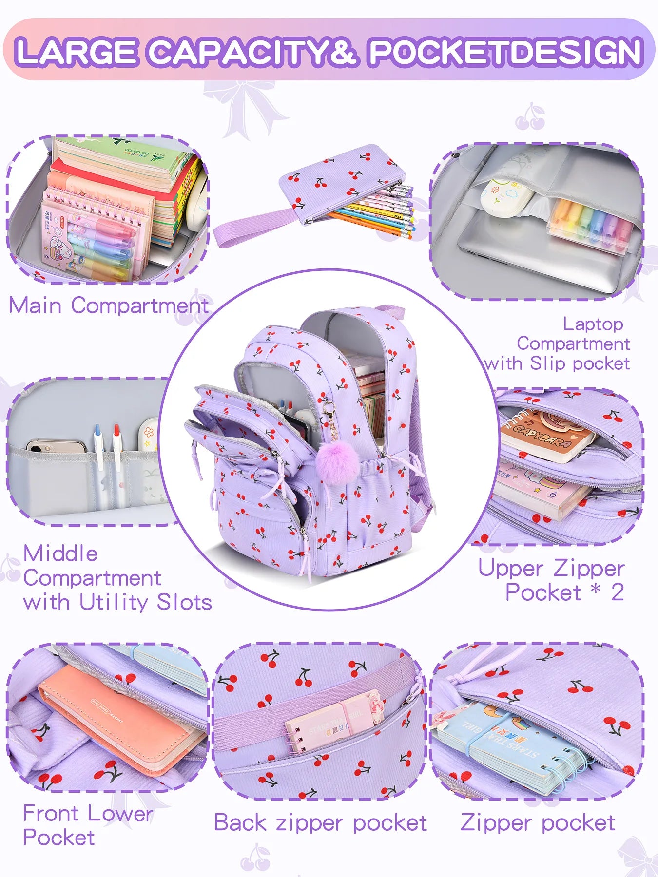 2026 High Quality Corduroy Three Piece Backpack with Cherry Pattern Princess Large Capacity Lightweight School Bag mochilas