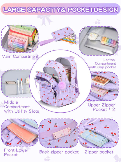 2026 High Quality Corduroy Three Piece Backpack with Cherry Pattern Princess Large Capacity Lightweight School Bag mochilas