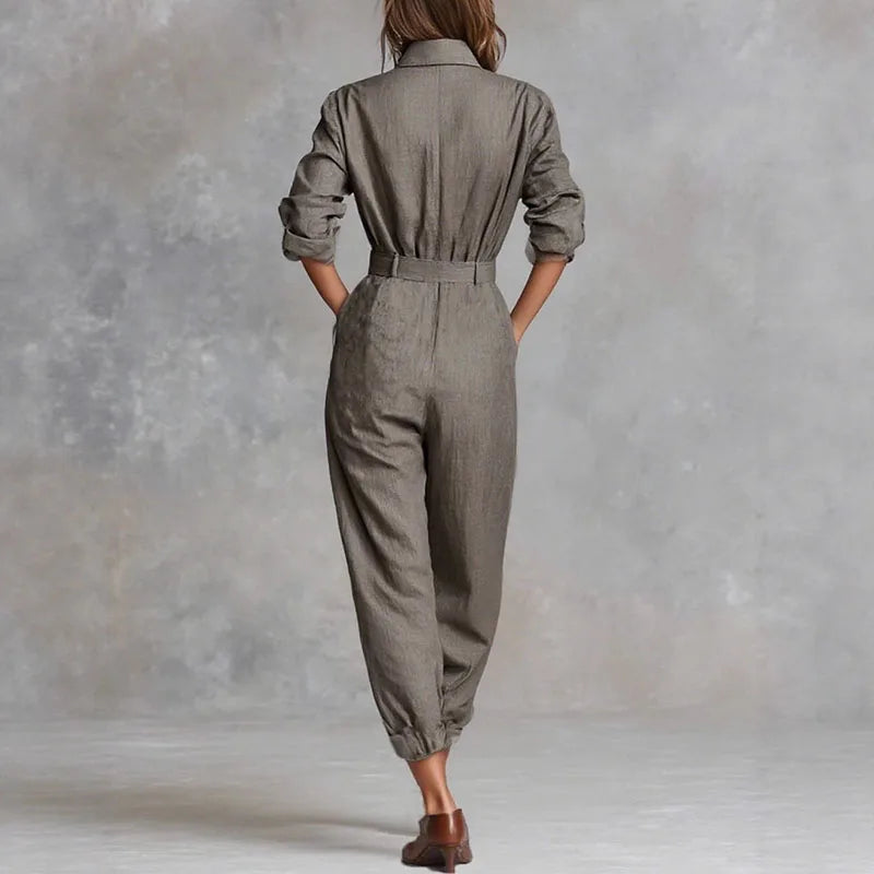 Retro Solid Color Button Lapel Shirt Jumpsuits Woman Fashion High Waist Slim Bodysuits Romper Autumn Long Sleeve Pocket Overalls