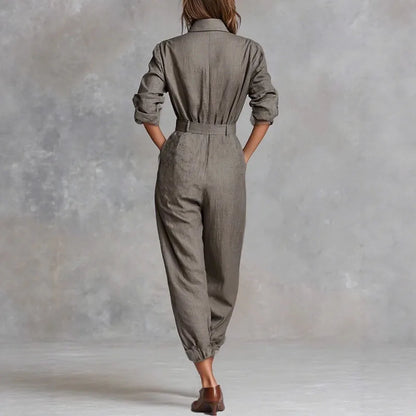 Retro Solid Color Button Lapel Shirt Jumpsuits Woman Fashion High Waist Slim Bodysuits Romper Autumn Long Sleeve Pocket Overalls