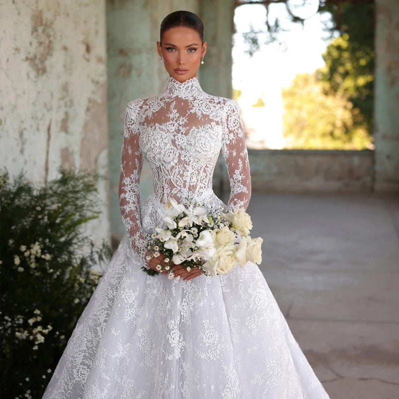 SWEMILE Customized Classic Vintage High Neck Lace Applique Wedding Dresses Cut Out Tulle Outdoor Bridal Gowns Bride Party Dress