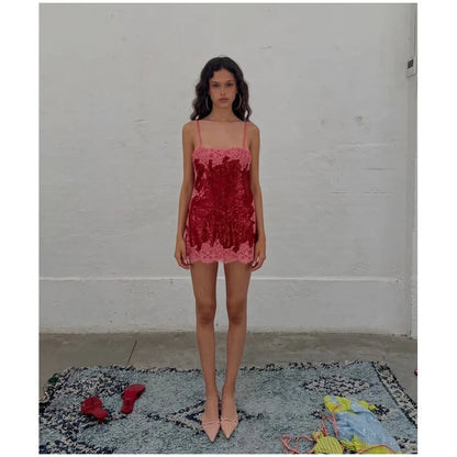 Sexy Sequin Lace Trim Dress Women Fashion V-neck Sleeveless High Waist Mini Sling Dresses 2026 Summer Lady Vacation Robe