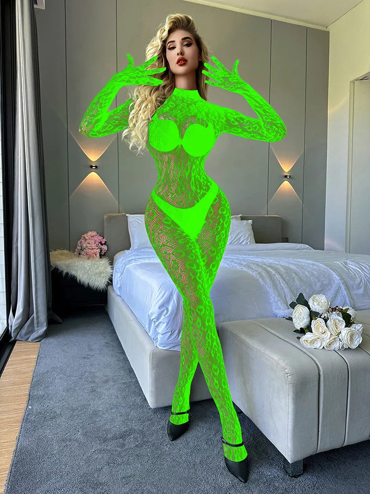 Toucheart Sexy Mesh Jumpsuit Women's Underwear Long-sleeved Jumpsuit Fishnet Top with Closed Crotch Perspective Sexy Jumpsuit