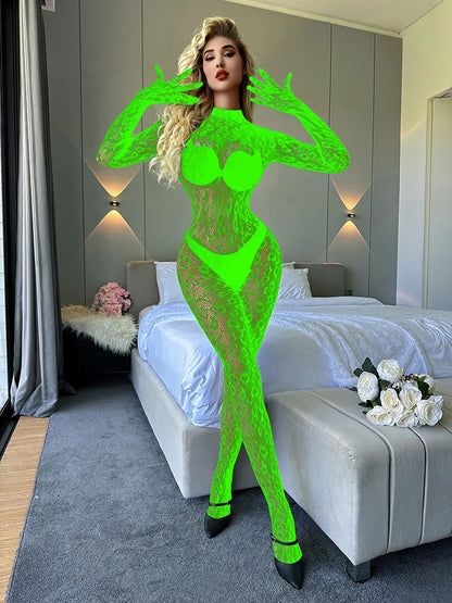 Toucheart Sexy Mesh Jumpsuit Women's Underwear Long-sleeved Jumpsuit Fishnet Top with Closed Crotch Perspective Sexy Jumpsuit