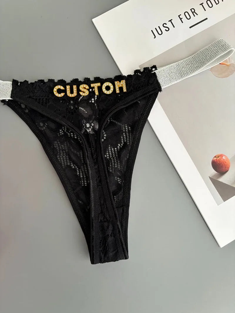 Custom Thong Letter Name G-String Sexy Lace Panties Women Flash Silver Belt Fashion Knickers Girlfriend Hot Wife Holiday Gift