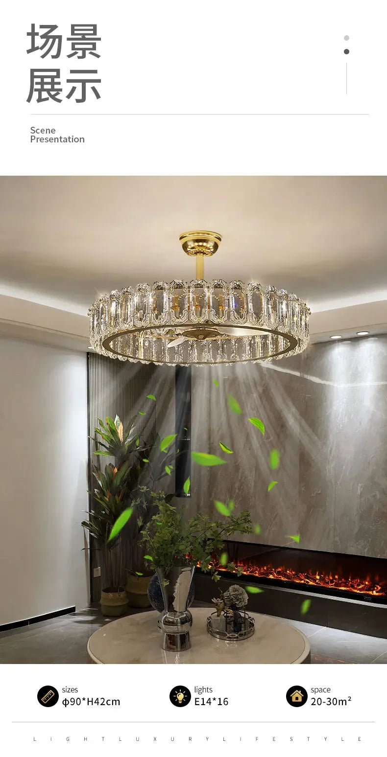 Nordic Luxury Crystal Ceiling Fan Light Modern Minimalist Dining Room Hotel Pendant Lights Living Room Bedroom Silent Fan lamp