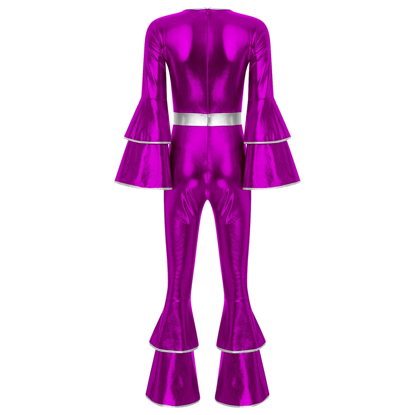 Womens 70S Disco Vintage Jumpsuit Metallic Shiny Flare Sleeve Bodysuit Hippie Bell Bottom Jazz Dance Carnival Rave Party Costume