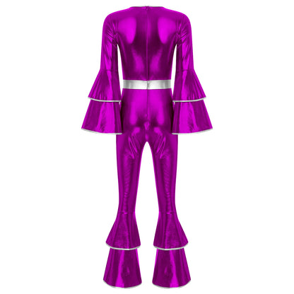 Womens 70S Disco Vintage Jumpsuit Metallic Shiny Flare Sleeve Bodysuit Hippie Bell Bottom Jazz Dance Carnival Rave Party Costume