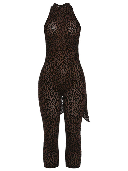 Kliou Leopard Print Playsuits Woman Bandage Halter Backless Sleeveless Skinny Peach Hip Hot Girls Street Style Classic Rompers