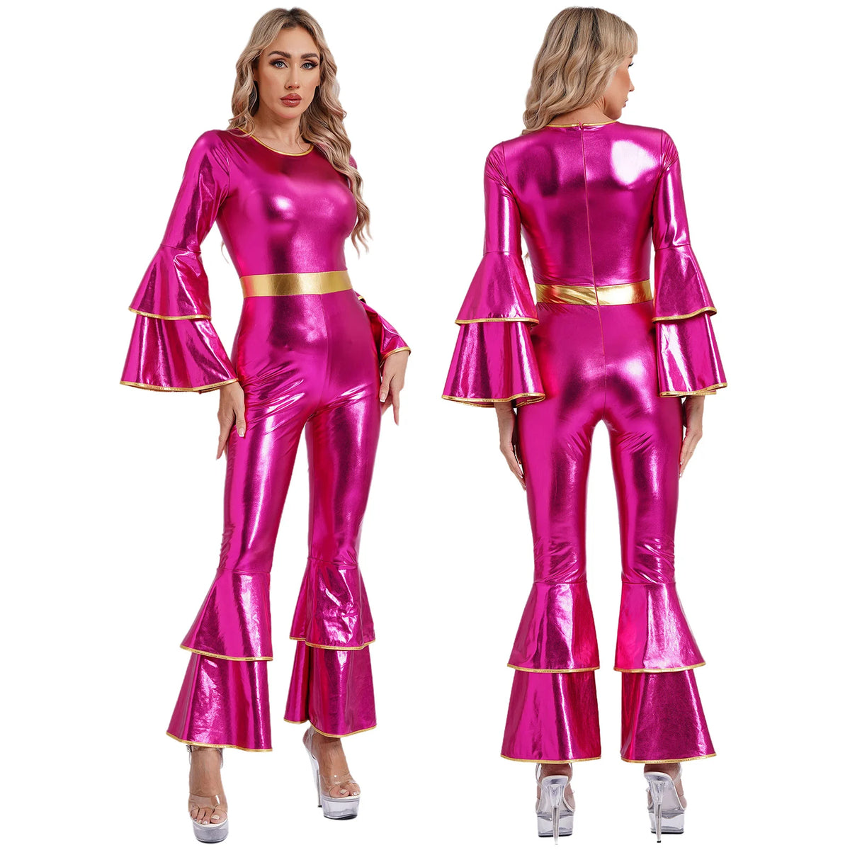 Women Vintage One Piece 70s Disco Dance Rompers Sleeveless Metallic Bell Bottom Flared Pants Jumpsuit for Retro Party Jazz Dance