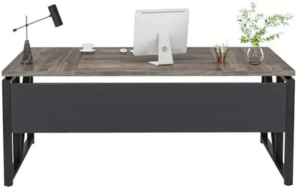 63 inches Computer Desk with Bottom Storage Shelf Home Office Desk Writing Table for Workstation,Dark Walnut + Steel