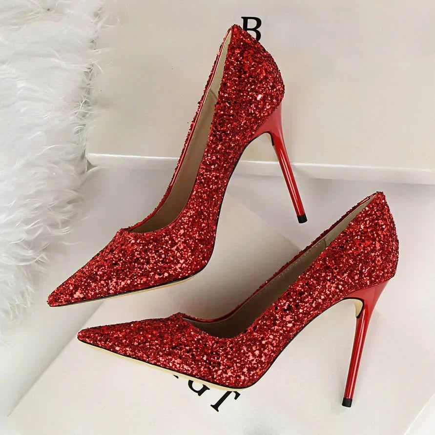 Women Luxury Bling Red  Blue Valentine Party Scarpins Pumps Lady Glitter Sequins 7cm 9.5cm High Heels Designer Shoes Plus Size