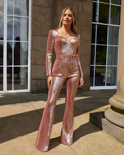 Jumpsuits Women Sequin One Piece Floor Length Pant Overalls Full Sleeve Bodycon Party Night Rompers Splice High Waist Belt