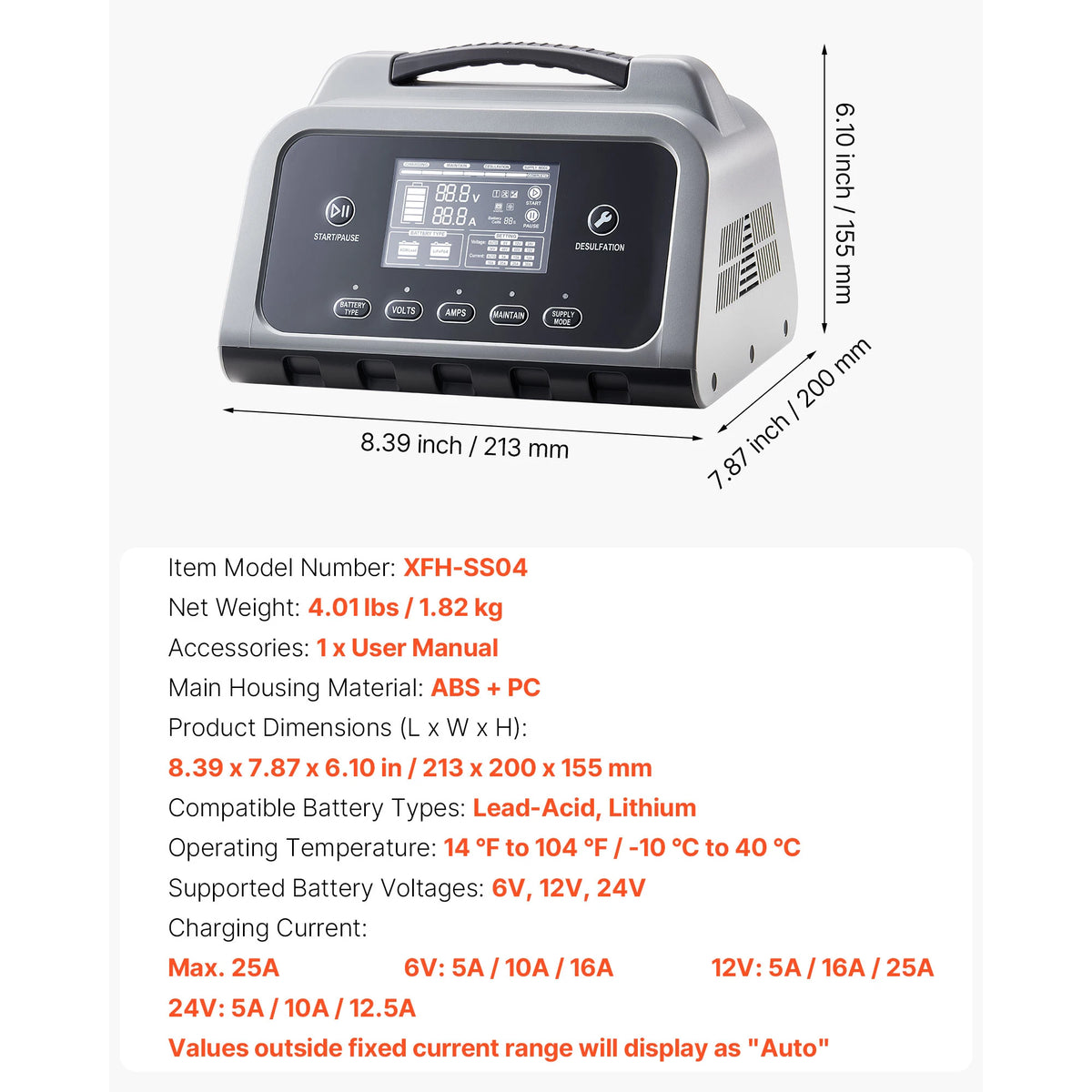SucceBuy Smart Battery Charger 12A/16A/20A/25A with LCD Display Trickle Charging Maintainer Desulfator, for Car Boat Motorcycle