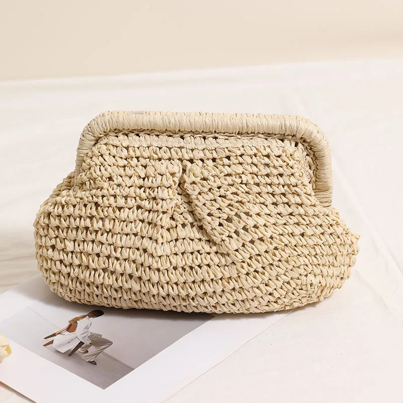 2025 New Women Straw Woven Bag Chain Strap Straw Clutch Purse Large Capacity Stylish Crossbody Bag Solid Color for Summer Beach