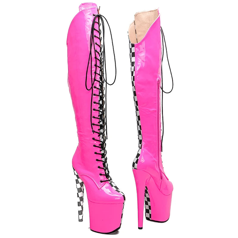 Leecabe 20CM/8inches  New  Fashion Style Patent with Grid Pattern PU Mix Color High Heel Platform Boots  Pole Dance Boots