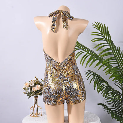 Weird Puss Sexy Halter Romper Women Leopard Print Backless Sleeveless Deep V-Neck Summer Sexy Skinny Club Midnight Playsuits