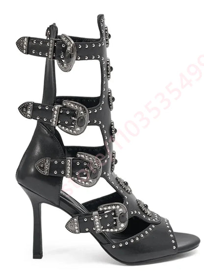 Women's 2026 Peep Toe Rhinestone Buckle Cutout Gothic Floral Mid-Calf Boots Punk Motorcycle Party Shoes with Rivets