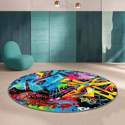 Hip Hop Street Graffiti Art Printed Round Carpet, Modern Cool Urban Style Anti-slip Rug for Entryway Lounge Bedroom Floor Decor