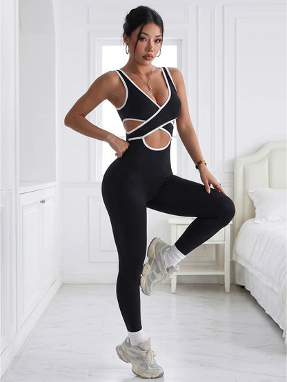 Women Criss Cross Cutout Contrast Piping Workout Jumpsuit Sleeveless Sculpting Yoga Bodysuit
