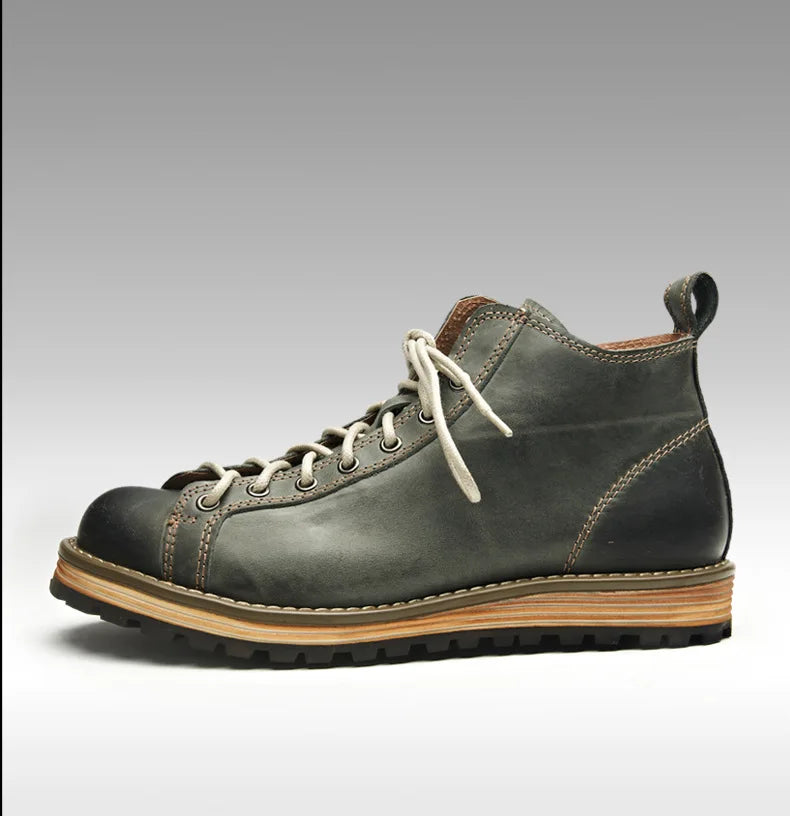 KOWM Cowhide Hiking Shoes Men's Walking Boot British Trekking Shoes Thick Soled Cowhide High Top Motorcycle Boots Ankle Sneakers