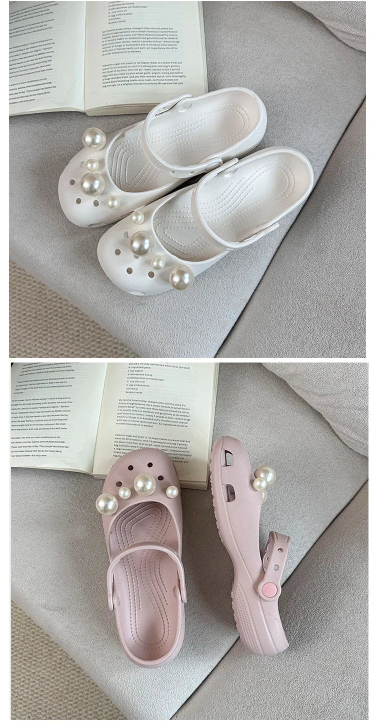 Clogs Summer Slippers Women Luxury Pearl Metal Flower Mary Janes Designer Ballet Shoes Girls Corc Charms Sandals Indoor Outdoor