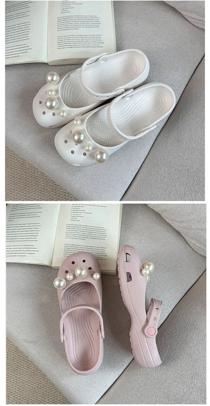 Clogs Summer Slippers Women Luxury Pearl Metal Flower Mary Janes Designer Ballet Shoes Girls Corc Charms Sandals Indoor Outdoor