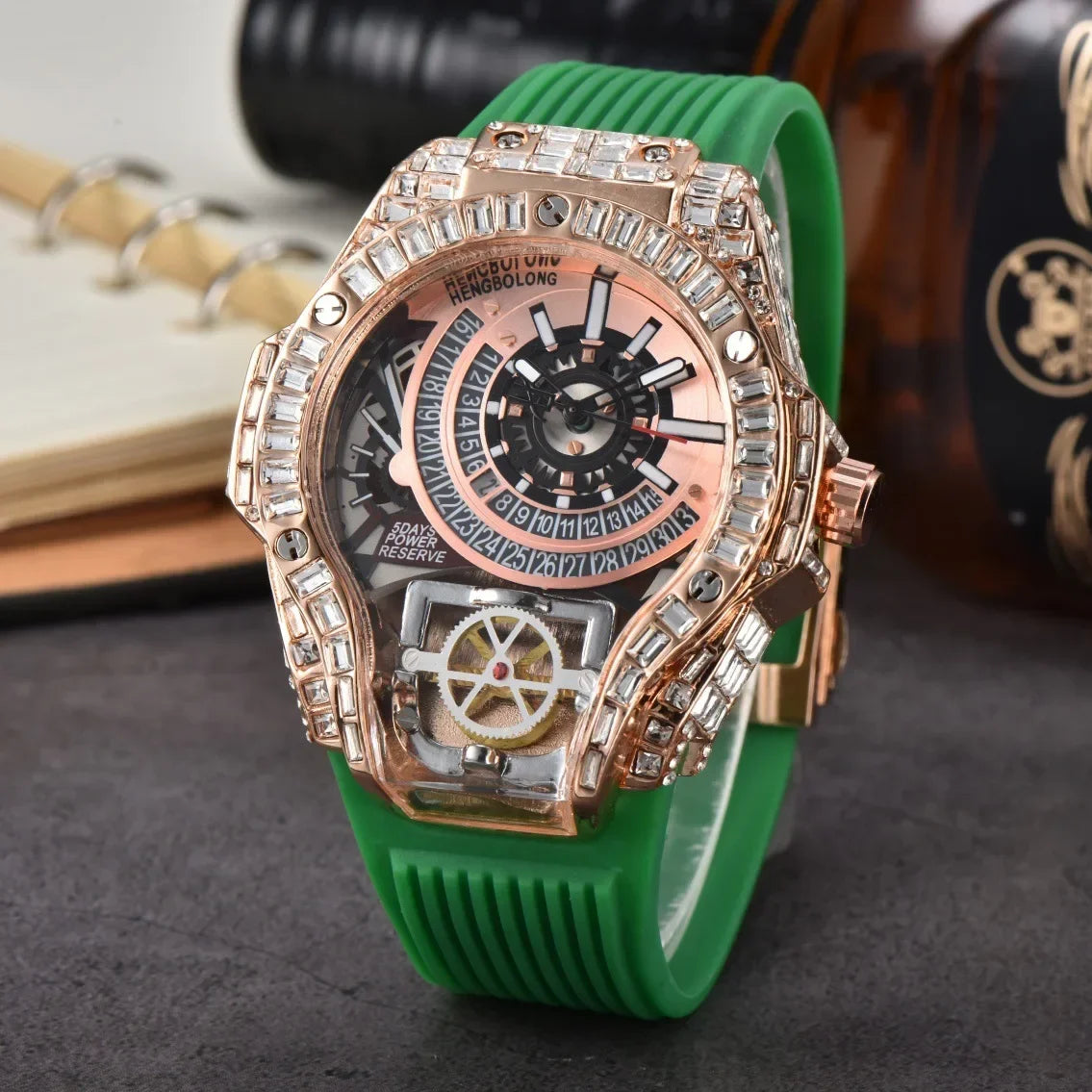 Business Full Diamond Case Luxury Top Mens Watches Rubber Strap Color Creative Decorative Quartz Watch Men AAA Clocks Relogio
