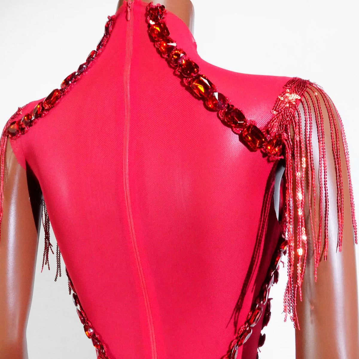 Sexy See-through Glitter Red Crystal Fringe Bodysuit High Elasticity Drag Queen Costume Festivals Outfit NightClub Dance Outfits