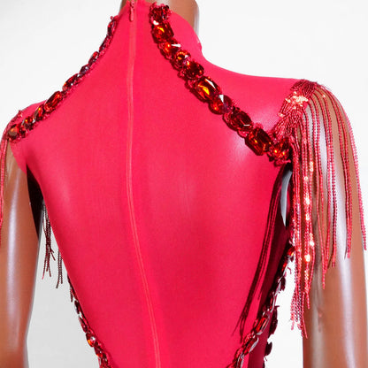 Sexy See-through Glitter Red Crystal Fringe Bodysuit High Elasticity Drag Queen Costume Festivals Outfit NightClub Dance Outfits