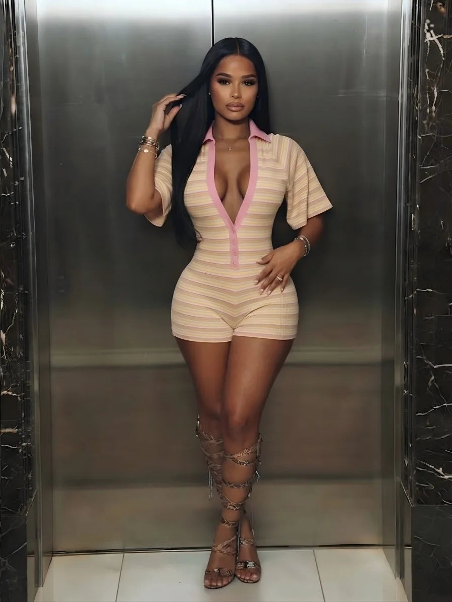 FLARORA Trend Stripe Print Rompers Woman Sexy Deep V Neck Short Sleeve Skinny Peach Hip Playsuits Hot Girl Party Club Overalls