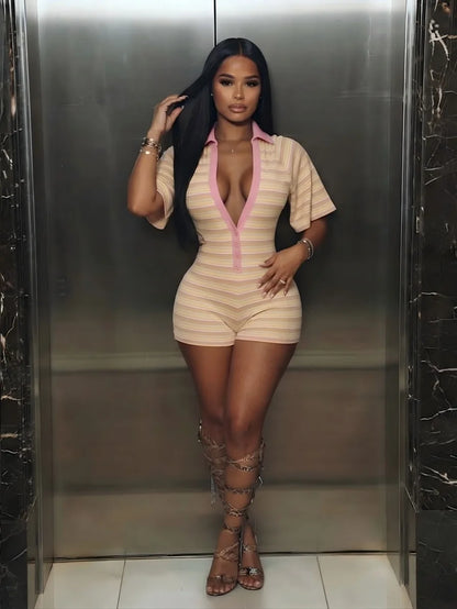 FLARORA Trend Stripe Print Rompers Woman Sexy Deep V Neck Short Sleeve Skinny Peach Hip Playsuits Hot Girl Party Club Overalls