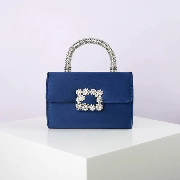 Rhinestone Faux Silk Emerald Evening Bag Silver Diamond Buckle Handle Fashion Handbags Elegant Ladies Square Bolsa Feminina