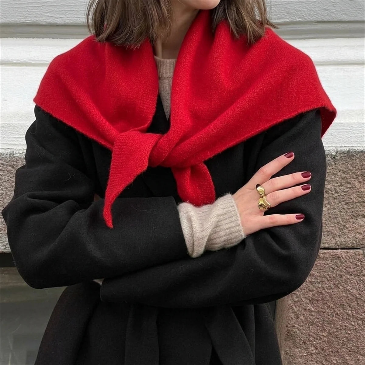 Versatile Knitted Triangle Shawl Solid Winter Scarf Headscarf Women Warm Neck Wrap Casual Layering Scarves for Daily Street Wear