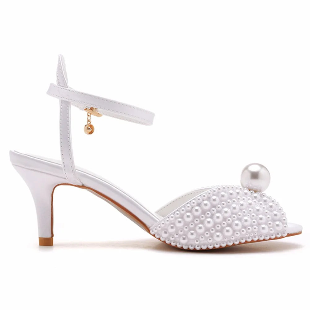 Maogu 6cm Fish Mouth High Heeled Sandals Buckle Wedding Bride Luxury Designer Shoes Heels Pearl Sandal Ladies Shoe Large Size 43