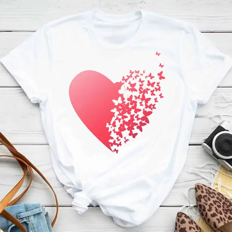 New Fashion Women T-shirt Colorful Butterfly Petal Print Short Sleeve and Round Neck Cute Graphic Tee Shirts Female Tops Clothin