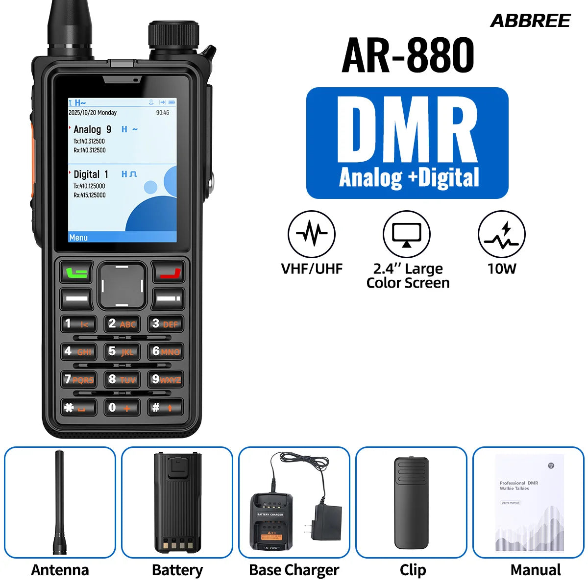 ABBREE AR-880 DMR Digital Walkie Talkie 10W Waterproof Ultral Thin SMS Long Range Dual Mode Analog Dual Band AES256 Ham Radio