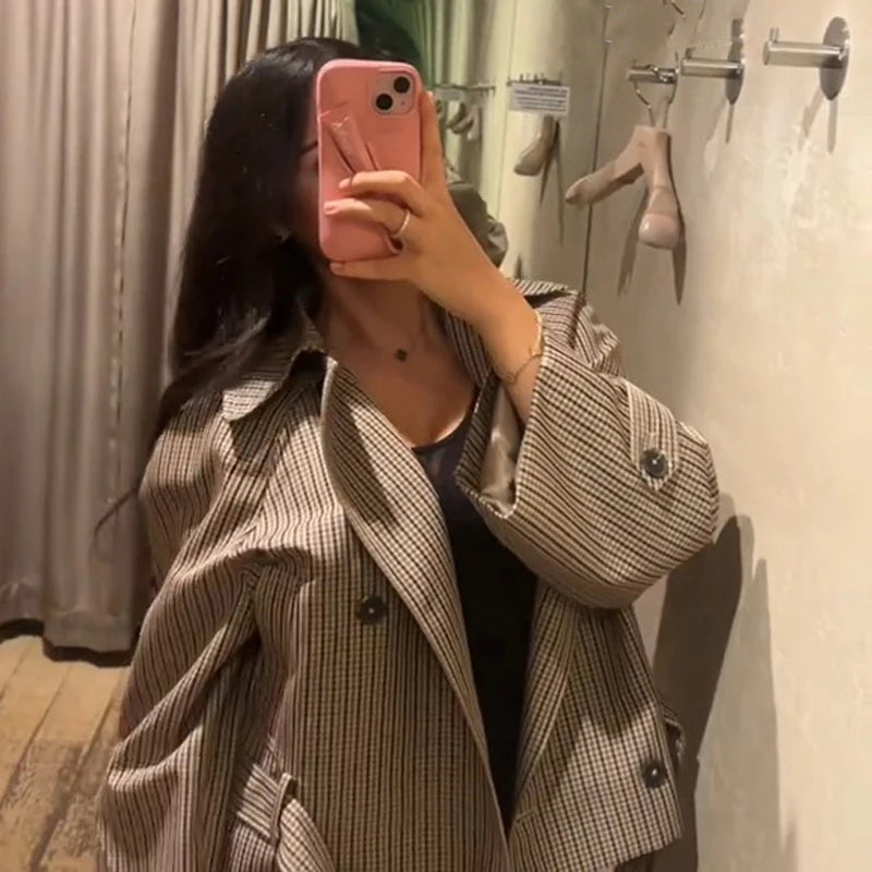 Long Sleeve Plaid Cropped Trench Coat Women Lapel Double Breasted Belted Waist Loose Checkered Short Jacket Lady Autumn Coats