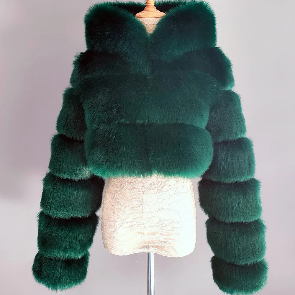 2026 Women Winter Plus Size Faux Fur Croped Coat Female Furry Hooded Long Sleeve Plush Jacket Lady Fake Fur Warm Fluffy Cardigan