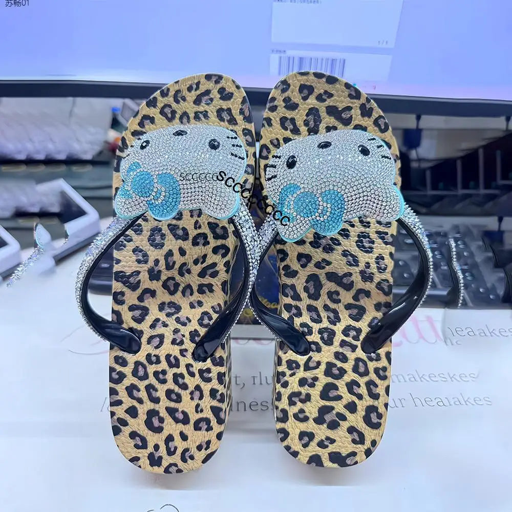Hello Kitty Rhinestone Flip Flops Leopard Print Y2K Women Bling Non-Slip Summer Beach Casual Thong Sandals Actual Photos