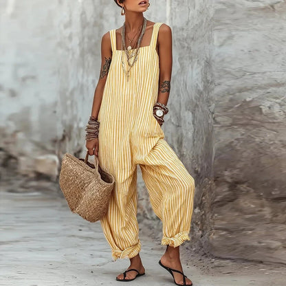 Summer Sleeveless Long Pants Jumpsuit Women Casual Striped Printed Pocket Playsuits For Women Fashion Loose Rompers Blue