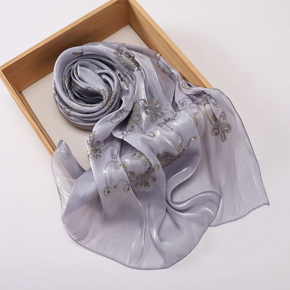 Elegant Embroidery Glitter Shimmer Hijab Shawl Pleated Glitter Chiffon Shawl Lightweight Crinkle Flowy Plain Hijab Scarves