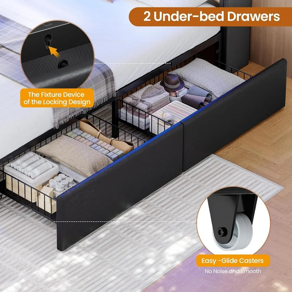 Platform Bed with Storage, Gaming Features and Charging Station, Leather Upholstered, Without Box Spring, Black
